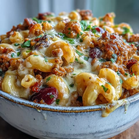 Freshly baked Baked Ranch Turkey Chili Mac sits in a rustic dish, ready to serve with green onions and sour cream.