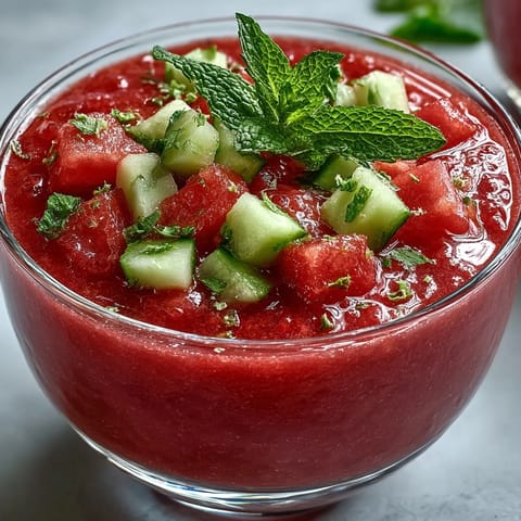 Bright red Vegan Watermelon Mint Gazpacho with cucumber and lime garnish, served chilled in a rustic glass bowl. 