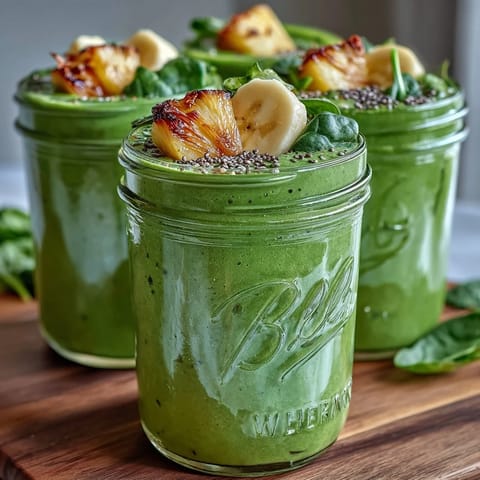 This tropical pineapple and spinach Green Smoothie Meal Prep Jars recipe is topped with chia seeds and ready for blending.