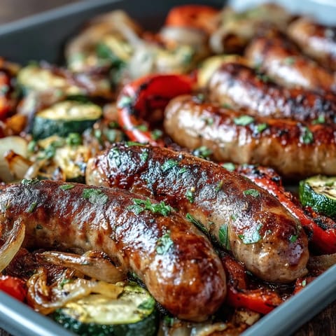 Sizzling Italian sausages nestled among roasted bell peppers, zucchini, and onions, ready to serve over creamy polenta.