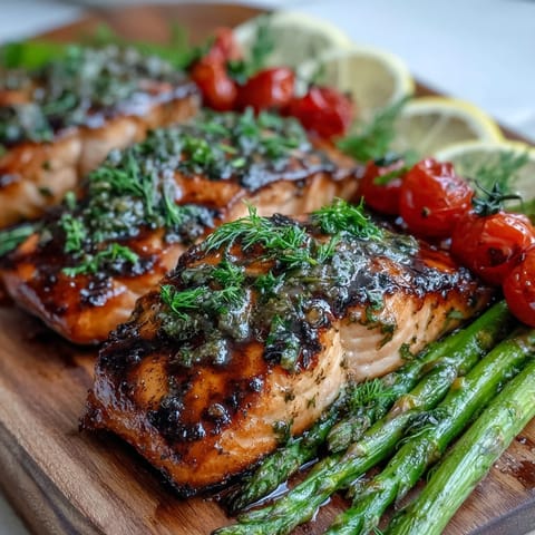 Freshly grilled lemon herb salmon fillets served with tender asparagus and blistered cherry tomatoes on a rustic wooden board.