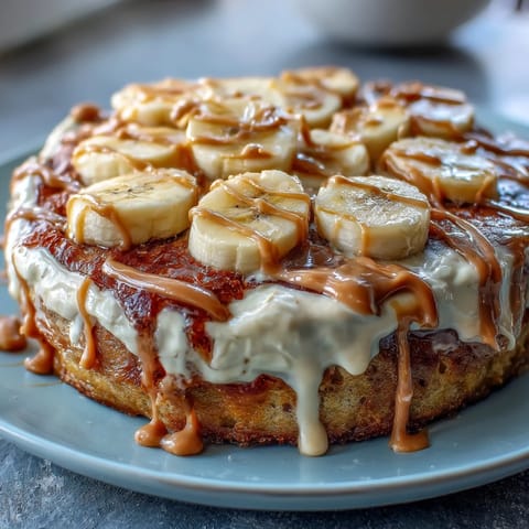 A slice of High-Protein Breakfast Pizza Bowl reveals a fluffy protein pancake base swirled with peanut butter drizzle.