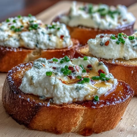 A platter of warm hot honey goat cheese crostini with drizzled spicy honey and a glass of crisp white wine.