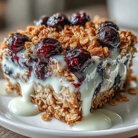 A warm blueberry oatmeal bake with a creamy Greek yogurt swirl, perfect for a wholesome breakfast.  