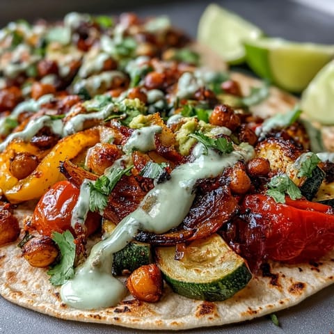 Colorful sheet pan fajitas loaded with roasted peppers, zucchini, chickpeas, and a creamy guac yogurt drizzle.  