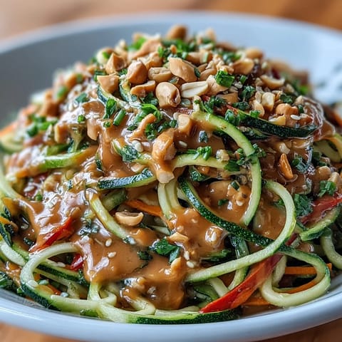 Fresh spiralized zucchini and colorful vegetable ribbons in a tangy Thai peanut dressing, topped with crunchy peanuts and sesame seeds.  