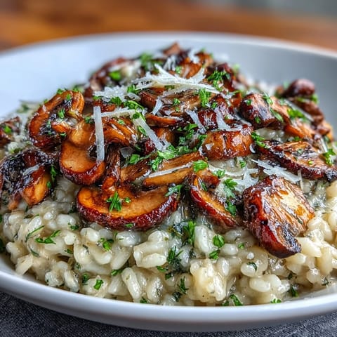Creamy wild mushroom risotto topped with truffle oil, showcasing earthy mushrooms and rich Parmesan in a luxurious Italian dish.  