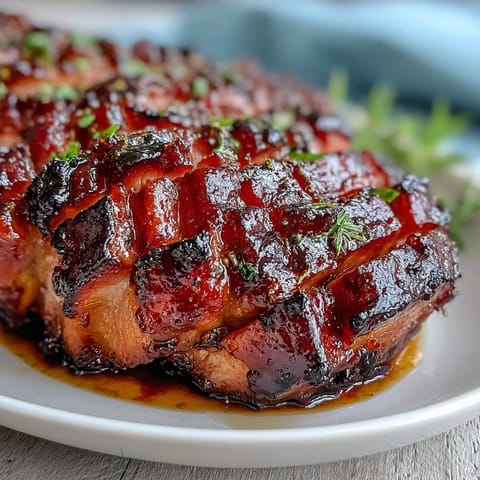 2. Festive glazed ham featuring a sweet and tangy black currant jam coating, ideal for holiday dinners or special occasions.  