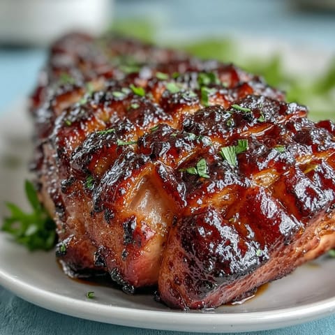 1. A glossy baked ham with a rich black currant jam glaze, caramelized to perfection and garnished with fresh herbs.  