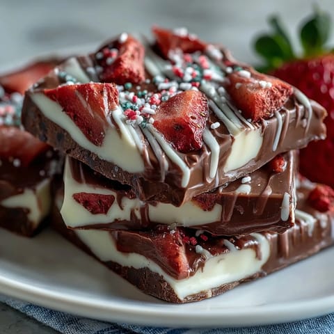 Decadent chocolate bark studded with vibrant freeze-dried strawberries and Valentine sprinkles, perfect for sharing on Valentine's Day.