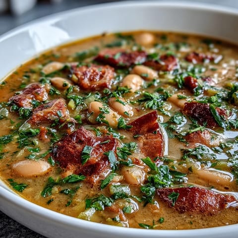 Hearty bowl of Ham and Butter Bean Soup with tender beans, smoky ham, and fresh parsley garnish.  