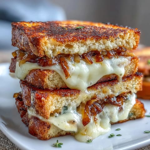 Gourmet sourdough grilled cheese with caramelized onions and melted Gruyere cheese oozing between golden toasted bread slices.