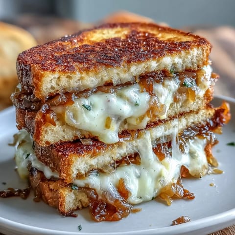 Rich and melty sourdough sandwich featuring sweet caramelized onions and nutty Gruyere cheese, grilled to golden-brown perfection.