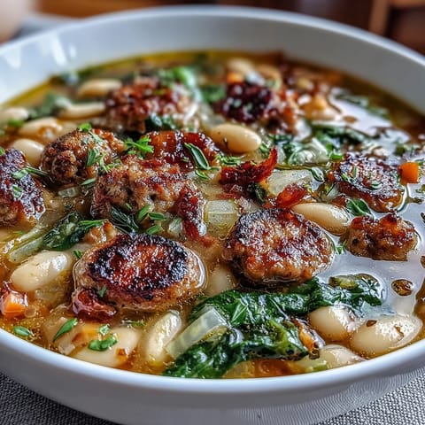 Hearty Tuscan white bean soup with Italian sausage, carrots, and spinach in a fragrant broth—perfect for a cozy family dinner.
