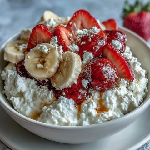 Cottage cheese fruit bowl with strawberries and honey served in a white bowl, topped with fresh berries and chopped nuts.  