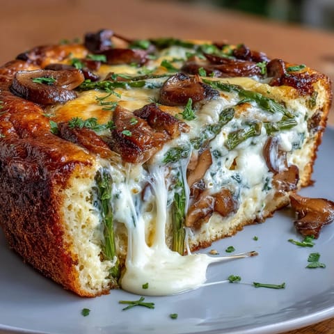 A golden sourdough-crusted frittata baked with fresh asparagus, sautéed mushrooms, and melted Gruyère cheese, perfect for brunch.  