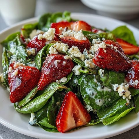 Vibrant strawberry spinach salad topped with feta, toasted almonds, and sweet poppy seed dressing for spring gatherings.  