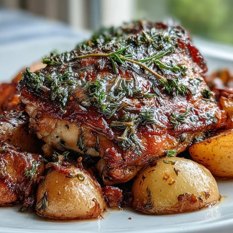 Herb roasted chicken thighs with baby potatoes and carrots in a rustic one-pan dish.  