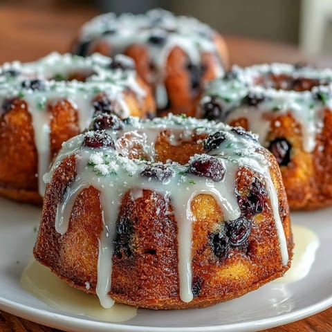 Mini lemon blueberry sourdough bundt cakes topped with a glossy lemon glaze, bursting with juicy blueberries and bright citrus flavor.