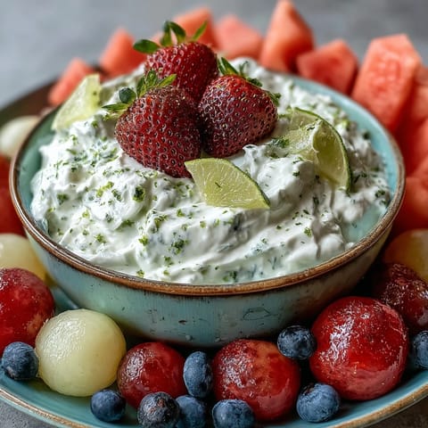 A colorful fruit platter with watermelon, cantaloupe, and honeydew, served with a creamy honey-lime yogurt dip for a refreshing summer snack.