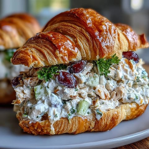 Fresh chicken salad croissant sandwiches with juicy red grapes, creamy dressing, and crisp celery, perfect for picnics and easy lunches.