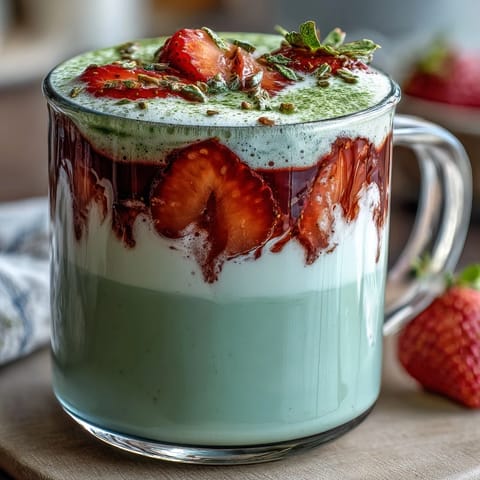 A steaming mug of warm strawberry matcha latte with vibrant green matcha swirled into frothy milk and fresh strawberry purée.