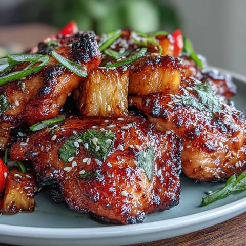 Sticky Honey Garlic Chicken Pineapple Skillet with tender chicken, sweet pineapple, and vibrant bell peppers in a glossy honey-garlic glaze.