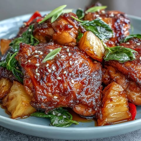 Golden seared chicken thighs simmered in a sticky honey garlic sauce with juicy pineapple and colorful bell peppers for a tropical one-pan dinner.