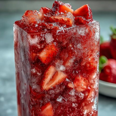 Strawberry Pineapple Daiquiri Freezer Pouches in a frosty glass, garnished with a fresh strawberry slice and lime wedge, perfect for summer parties.