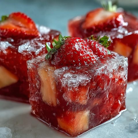 Refreshing strawberry pineapple daiquiri freezer pouches with vibrant red and golden fruit chunks, served icy cold in a clear cocktail pouch.