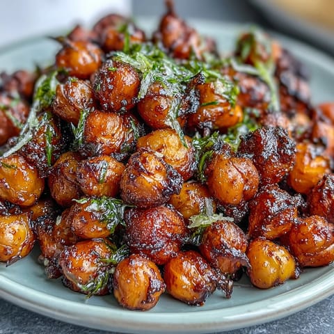 Oven-roasted chickpeas seasoned with smoky paprika, cumin, and garlic, served in a rustic bowl.  