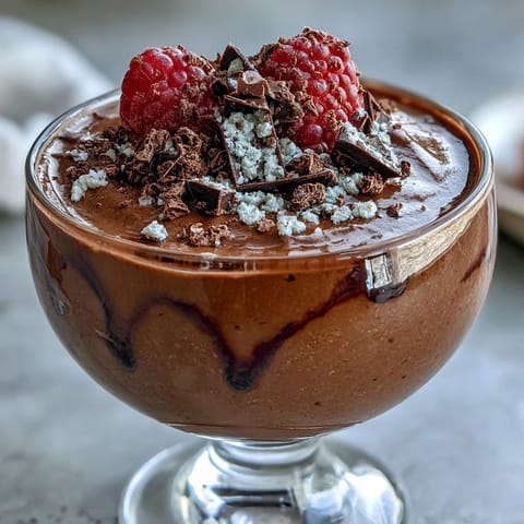Velvety smooth chocolate mousse made with cottage cheese and Greek yogurt, garnished with chopped nuts for added crunch.