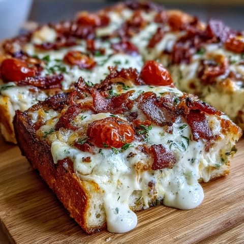Kentucky Derby Hot Brown Flatbread Pizza with turkey, bacon, and Mornay sauce on golden crust, garnished with parsley and tomatoes.