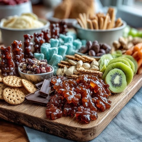 Festive St. Patricks Day charcuterie board brimming with green candies, themed treats, and chocolate gold coins for a lucky celebration.