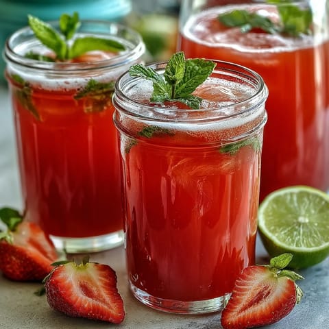 A refreshing glass of strawberry basil lemonade with fresh berries and aromatic herbs.  