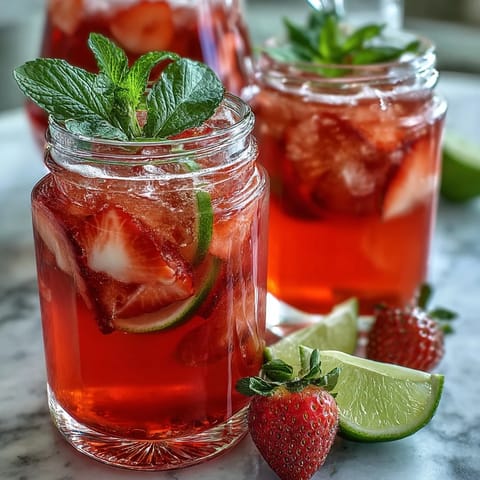 Zesty strawberry basil lemonade served over ice with lemon slices and vibrant green basil leaves.  