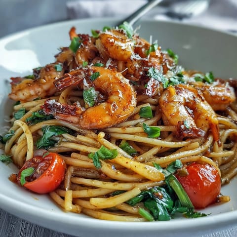 One-Pot Garlic Shrimp with Angel Hair pasta in a vibrant lemon-garlic sauce, topped with fresh parsley and Parmesan cheese.