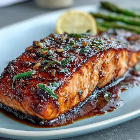 A vibrant plate of garlic butter salmon with asparagus, roasted to perfection and drizzled with rich, golden sauce.