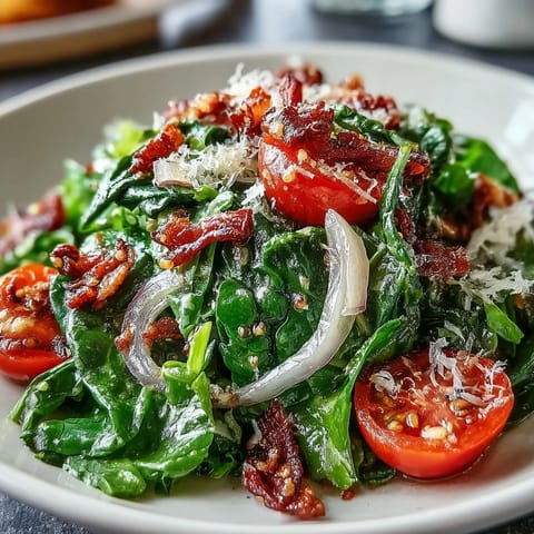 Dandelion greens salad with lemon vinaigrette and Parmesan cheese, topped with cherry tomatoes and pine nuts for a fresh Mediterranean dish.