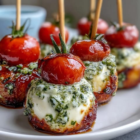 Vibrant Caprese skewers with cherry tomatoes, mozzarella, and basil, drizzled with fresh pesto for a colorful, flavorful appetizer.