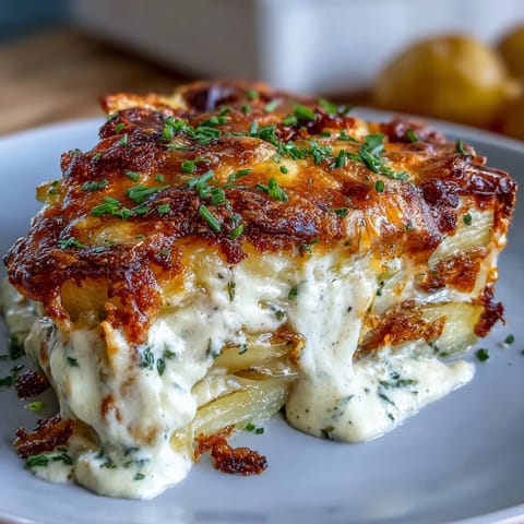 Creamy Au Gratin Potatoes baked to golden perfection with bubbling cheese and tender potatoes in a rich cream sauce.  