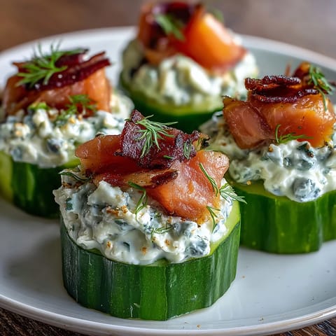 Cucumber bites topped with creamy dill cream cheese and smoked salmon, garnished with capers and fresh dill. Perfect for elegant appetizers or summer parties.