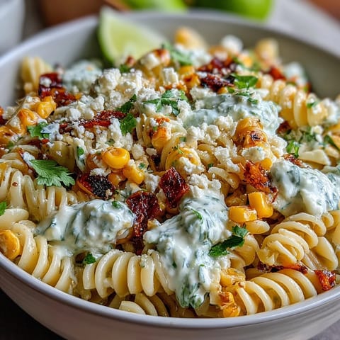 Creamy pasta salad inspired by Mexican street corn, featuring tender fusilli, smoky paprika, and fresh cilantro for a bold, tangy flavor.