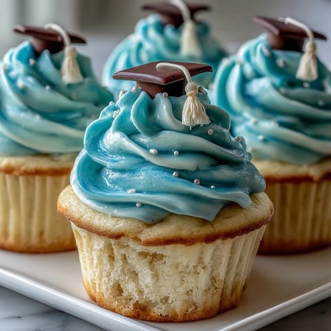 Simple Graduation Cupcakes with Cap Fondant Toppers: moist vanilla cupcakes topped with creamy buttercream and edible black fondant graduation caps, perfect for celebrating academic milestones.