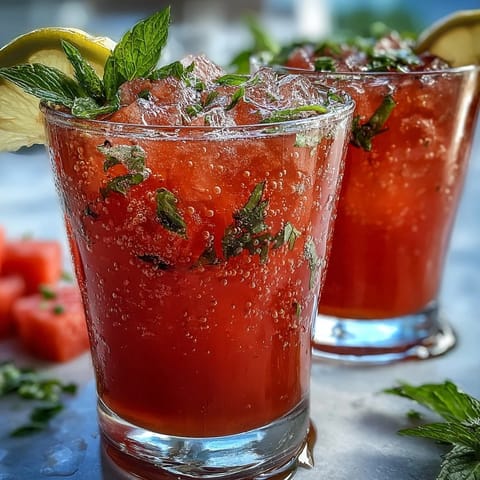 Refreshing glass of watermelon mint lemonade with ice, fresh mint leaves, and watermelon wedges on a sunny table.