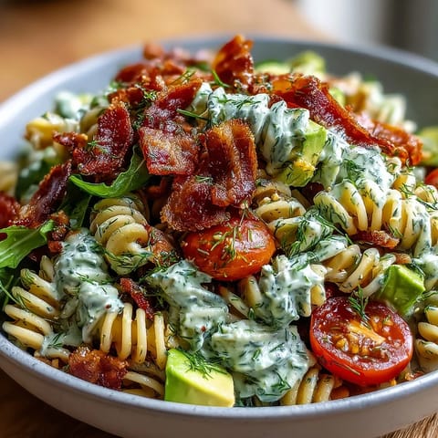 Vibrant BLT pasta salad with crispy bacon, cherry tomatoes, and fresh romaine in creamy avocado ranch dressing.