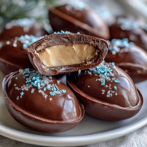 Homemade peanut butter Easter eggs with smooth filling and glossy chocolate coating, perfect for spring celebrations.