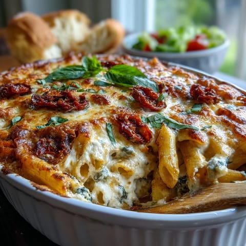 Cheesy sun-dried tomato pasta bake with spinach, baked until golden and bubbling with mozzarella and Parmesan.  