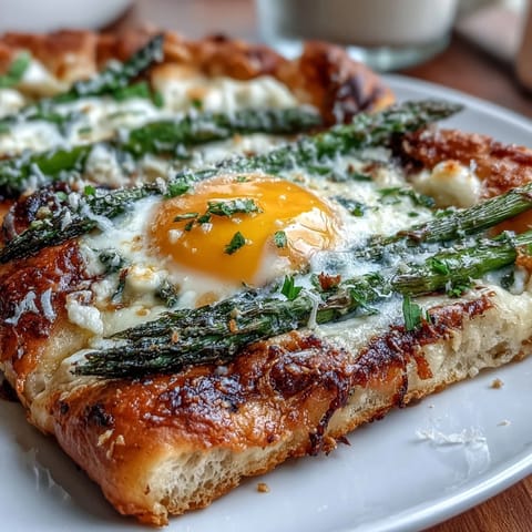Golden baked egg rests on a bed of asparagus and parmesan atop a thin, crispy flatbread crust.  