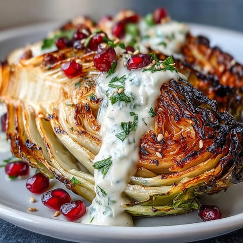 Charred cabbage wedges served with a smooth tahini drizzle, garnished with vibrant parsley and juicy pomegranate for a Middle Eastern-inspired dish.  